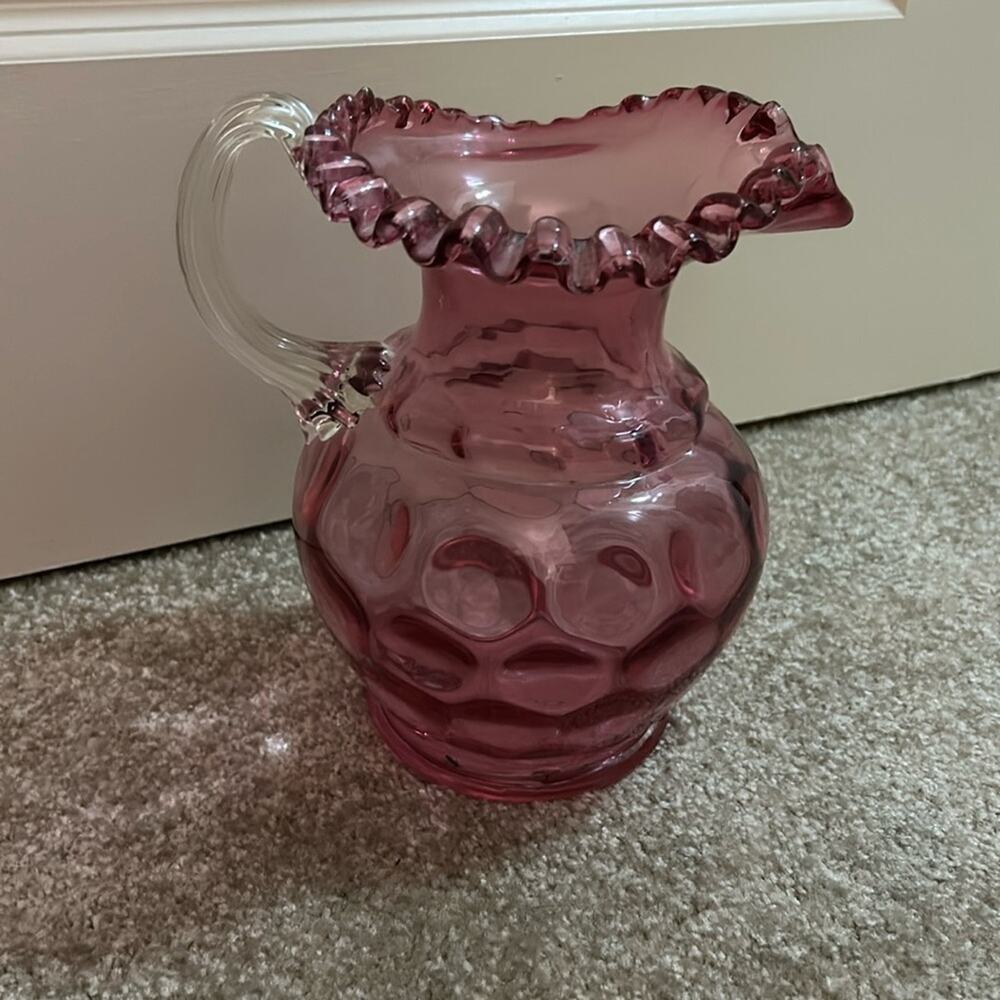 Fenton Cranberry Glass Pitcher Coin Spot  Thumbprint Ruffled Rim 9 Inches Tall